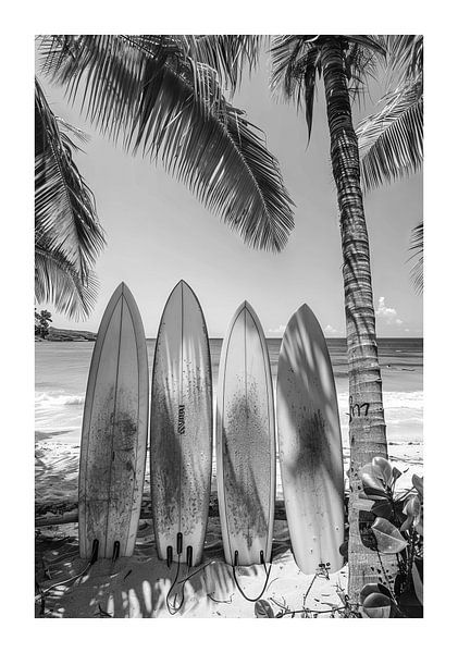 Surfboards on an idyllic tropical beach under palm trees by Poster Art Shop