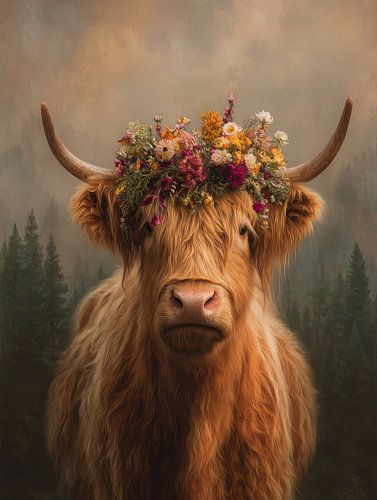 Highlander avec couronne de fleurs
