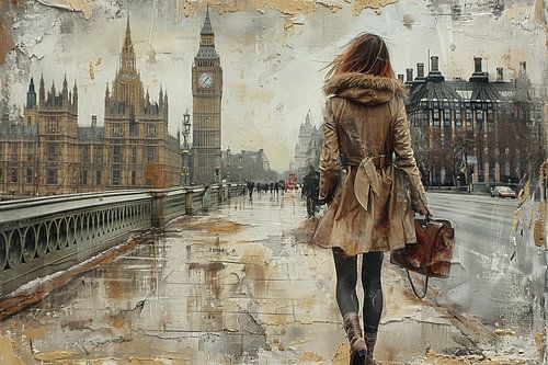 Vrouw op Brug in Londen - mysterieus stadsgezicht schilderij