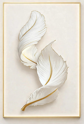 Elegant 3D White Feathers with Gold Edging Wall Art