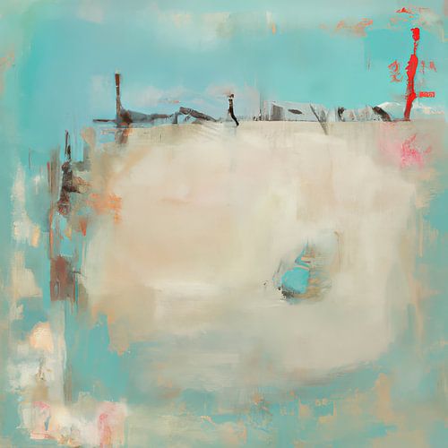 Abstraktes Gemälde in hauptsächlich Weiß und Hellblau