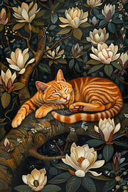 Chat endormi dans le magnolia