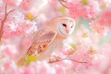 Uil in kersenbloesemboom van Poster Art Shop