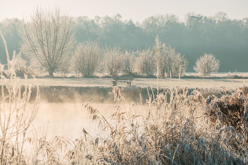Low-hanging fog over the water with frost by Kay Wils