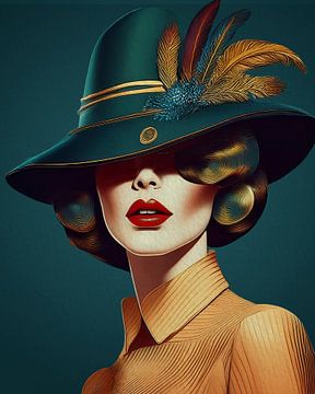 Retro portret van een chique vrouw met veren op de hoed van Studio Pieternel