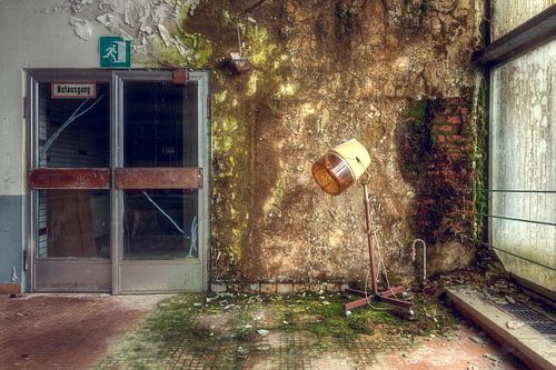 Mur abandonné avec moisissure.