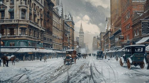 Painting of snowy street in New York city in early 20th century (KI)