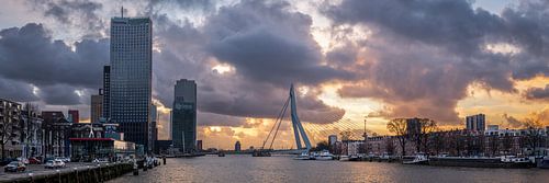 Skyline Rotterdam met intense zonsondergang.