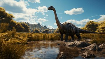 Panorama Juravallei gebergte, met Brachiosaurus dinosaurus, illustratie van Animaflora PicsStock