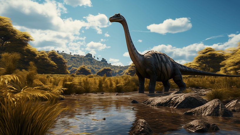Panorama Juravallei gebergte, met Brachiosaurus dinosaurus, illustratie van Animaflora PicsStock