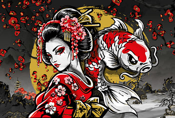 Japanese Geisha with a Koi carp