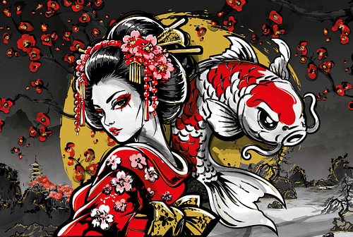 Japanische Geisha mit Koi-Karpfen