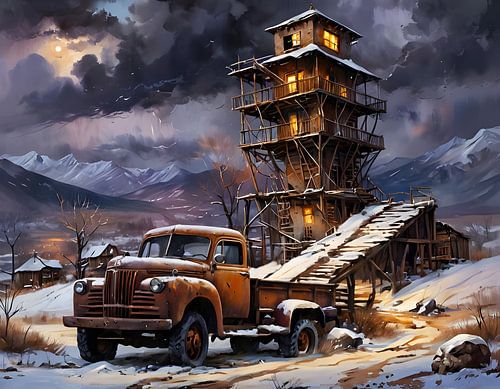 mysterious tower-like building in the wild west, steampunk