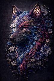 Broderie florale complexe représentant un loup – Œuvre d'art sur le thème de l'animal totem, dans des tons violet et bleu sur Faheem Beigh