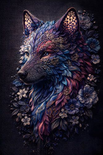 Intricate Floral Wolf Embroidery Purple Blue Spirit Animal Art