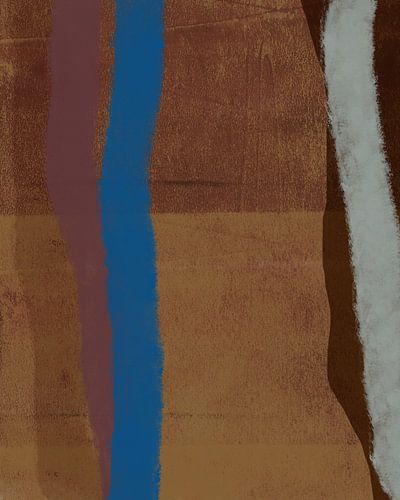 Kobaltblauwe, paarse, grijze en bruine lijnen op roestbruin en terracotta.