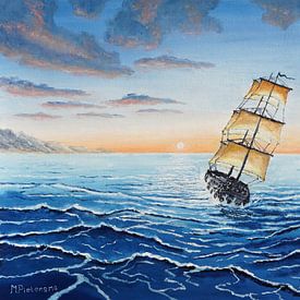 'Voyager' - Geschilderde illustratie met zeilschip en oceaan van Maarten Pietersma