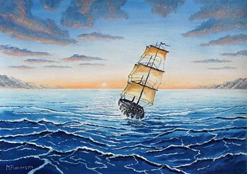 'Voyager' - Geschilderde illustratie met zeilschip en oceaan van Maarten Pietersma