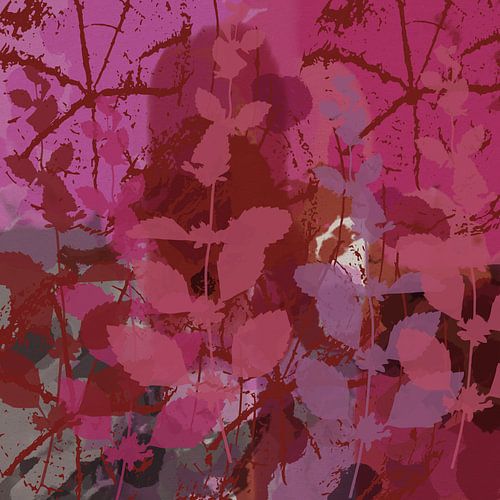 Bunte abstrakte botanische Kunst in Neon-Pink, Rost, Lila von Dina Dankers
