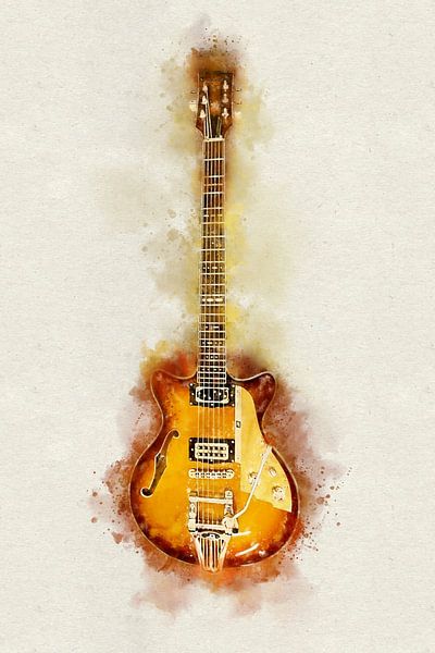 Gouden Sunburst Semi-Hollow Blues Gitaar in Watercolour Splashes van Andreea Eva Herczegh