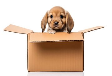 Puppy in een kartonnen doos op een witte achtergrond, geïsoleerd Fre van Animaflora PicsStock