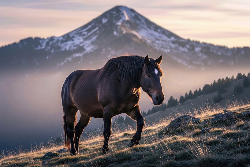Horse on Hill with Mountain Backdrop by Markus Gann