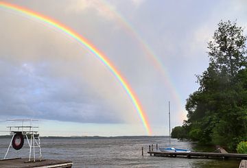 A double rainbow over a lake before a thunderstorm