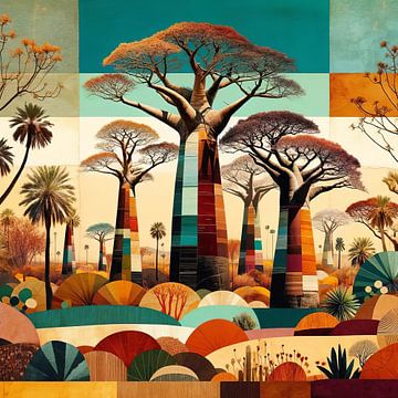 Collage/composition of African landscape with baobabs by Lois Diallo