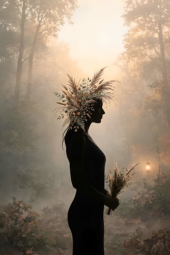 A modern silhouette with dried flowers in mist