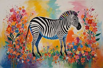 Zebra met kleurrijke bloemen abstract van De Muurdecoratie