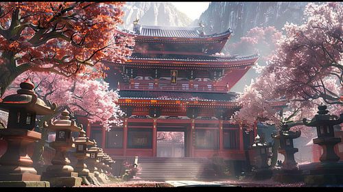 picturesque Japanese landscape with traditional temple