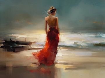 De vrouw op het strand in de rode jurk van Max Steinwald