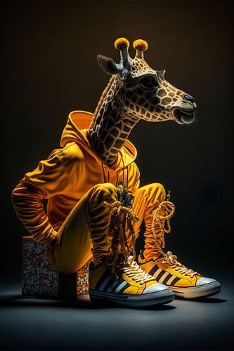 Een giraffe neemt even pauze met sporten