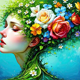 Florales Porträt einer träumenden Frau – Zwischen innerer Stille und blühender Verwandlung, Sinnbild der poetischen Einheit von Mensch und Natur von AidasignArt