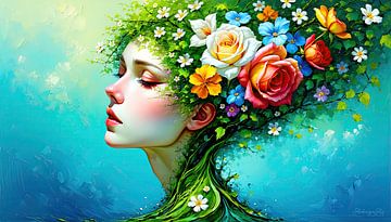 Portrait floral d'une femme rêveuse - Entre silence intérieur et transformation florissante, symbole de l'unité poétique de l'homme et de la nature sur AidasignArt