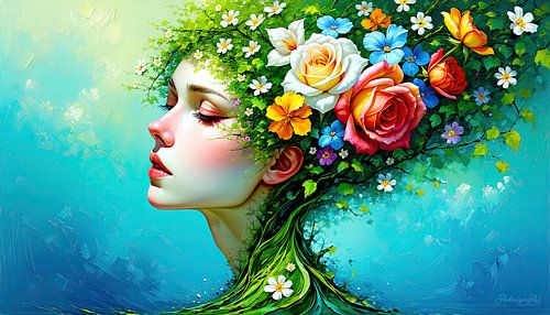 Bloemenportret van een dromende vrouw - tussen innerlijke stilte en bloeiende transformatie, als symbool voor de poëtische eenheid van mens en natuur