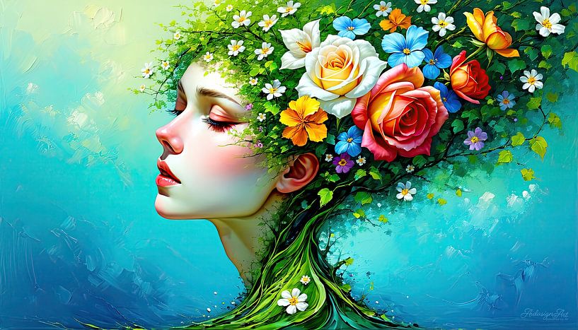 Portrait floral d'une femme rêveuse - Entre silence intérieur et transformation florissante, symbole de l'unité poétique de l'homme et de la nature par AidasignArt