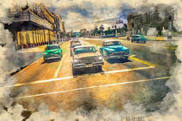 Straßenszene in Havanna mit typisch kubanischen Autos von Arjen Roos