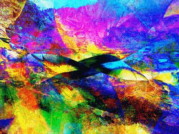 Modernes, abstraktes digitales Kunstwerk in Blau, Gelb und Pink, von Art By Dominic