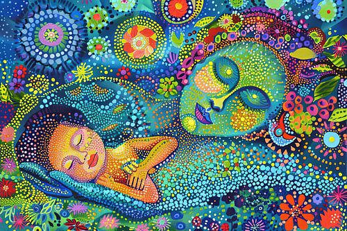 Digitaal abstract schilderachtig portret fictieve vrouw en kind