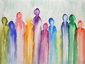 Samen (vrolijk abstract aquarel schilderij kleurrijke familie mensen regenboog kleuren druipen zen) van Natalie Bruns thumbnail