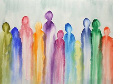 Together (cheerful abstract watercolor painting colorful family people rainbow colors dripping zen) by Natalie Bruns