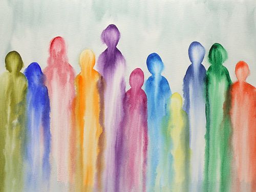 Samen (vrolijk abstract aquarel schilderij kleurrijke familie mensen regenboog kleuren druipen zen)