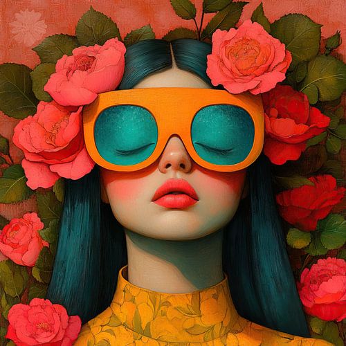 Femme en fleurs avec des lunettes sur Peintures accrocheuses