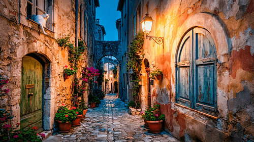 Une ruelle médiévale pleine de charme à Paris, à la tombée de la nuit