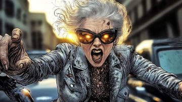 Angry elderly woman on motorbike by Frank Heinz