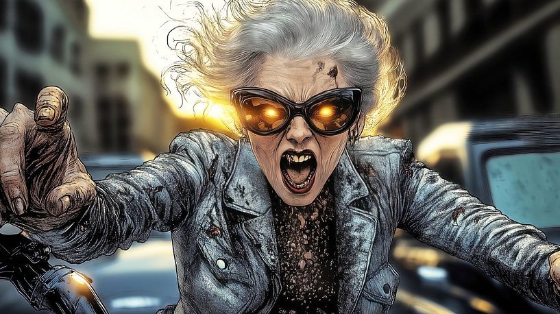 Wütende ältere Frau auf Motorrad von Frank Heinz