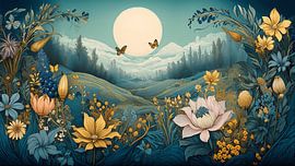 A mystical hilly landscape with golden flowers and a full moon by Studio Pieternel