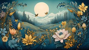 Mystische Hügellandschaft mit goldenen Blumen und Vollmond