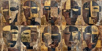 Ten-panel Abstract Tribal Masks in Earth tones and Gold